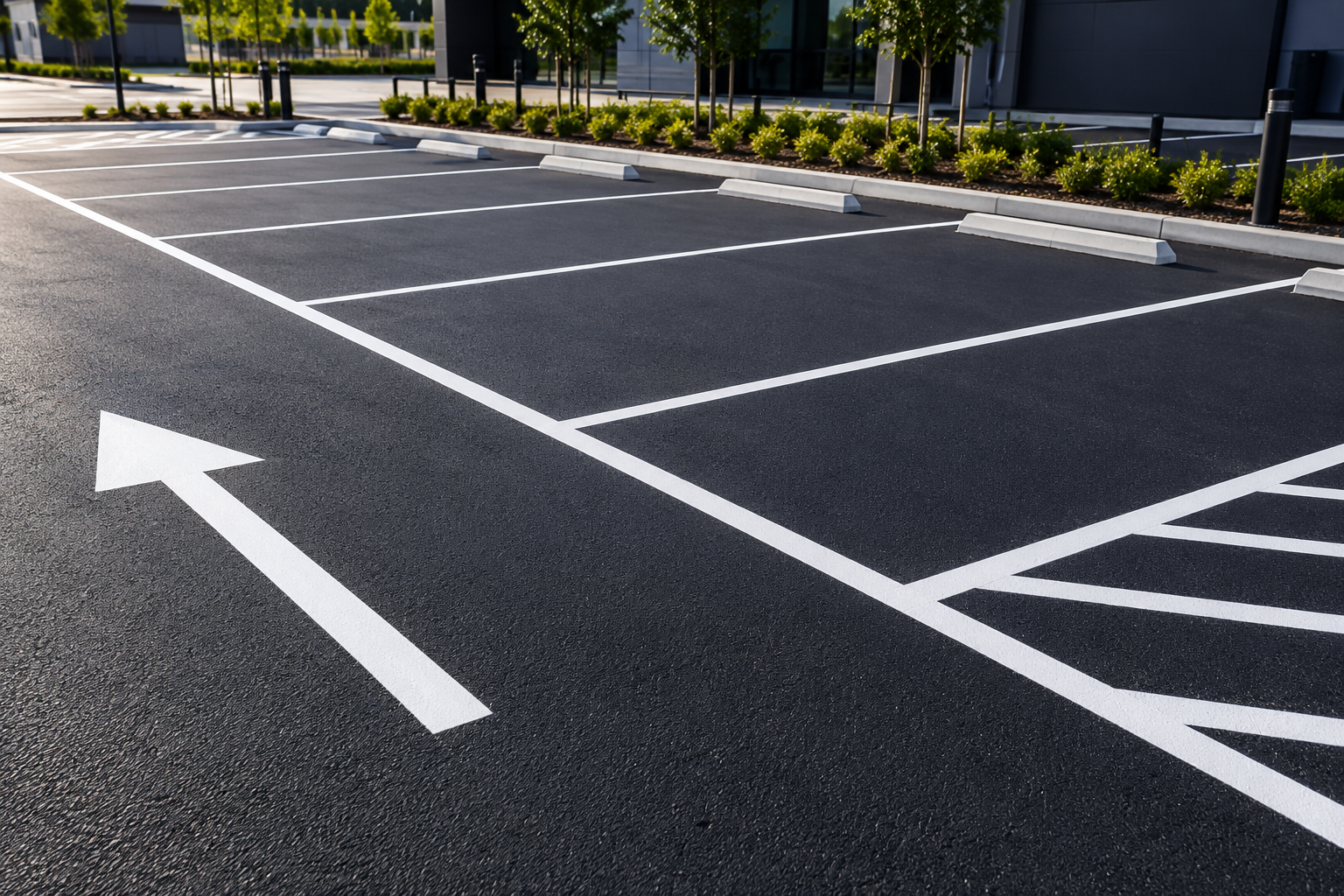 Freshly marked urban parking lot with crisp white parking lines and directional arrows